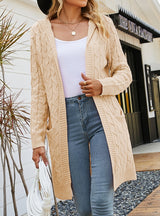 Long Solid Color Pocket Hooded Twist Cardigan Coat