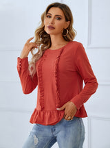 Lace Wooden Ear Long-sleeved Shirt Top