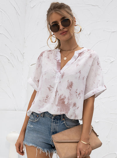 V-neck Tie-dyed Printed Chiffon T-shirt