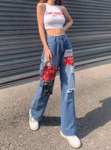 Contrast Color High Waist Hole Jeans