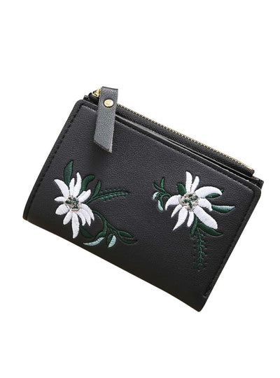 Women Embroidery Zipper Short Wallet Coin Purse 
