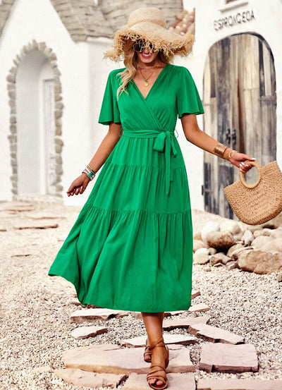 Short Sleeve V-neck Chest-wrapped Dress