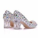 Square Thick-heeled Butterfly Colored Rhinestone Wedding Shoes