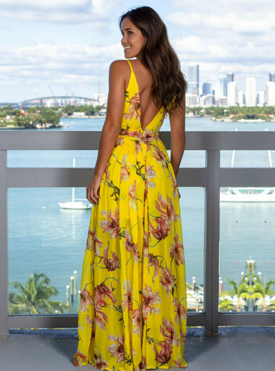 Boho V-Neck Sleeveless Party Beach Floarl Print Maxi Dress