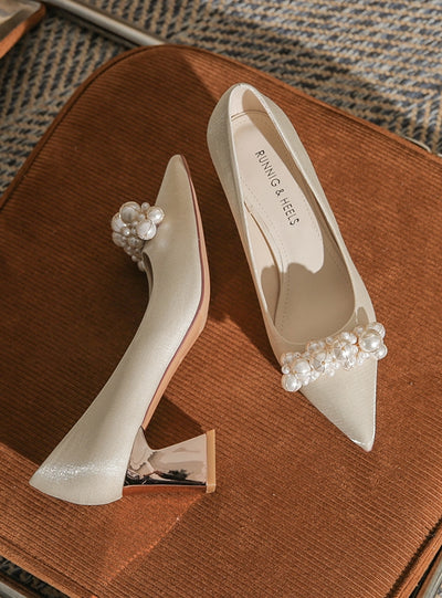 Coarse Heel Pearls Shoes