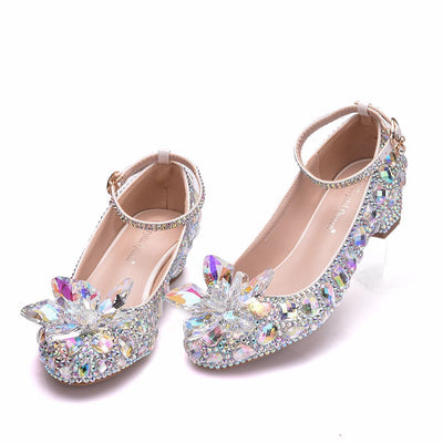 Square Round Head Crystal Flower Wedding Shoes
