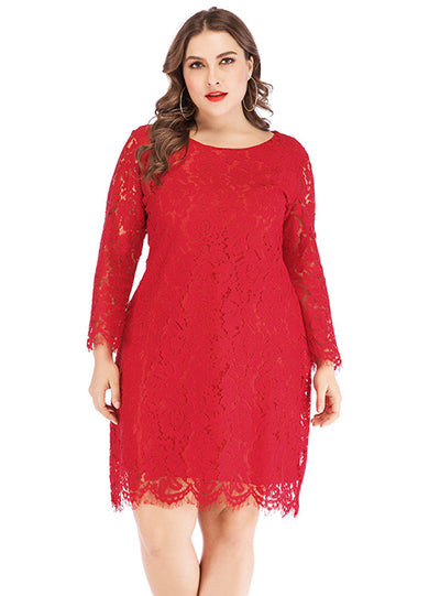 Long Sleeve Red Lace Large Size Dress