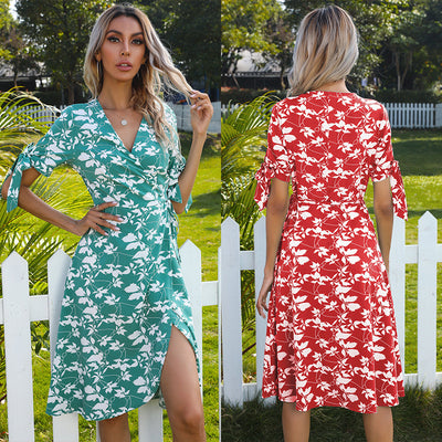 Flower Irregular Bow Short Sleeve Dress