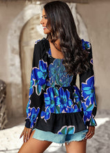 Casual Printed Square Collar Long Sleeve Shirt