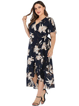 V-neck Ruffled Plant Printed Casual Dress