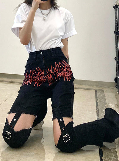 Flame Print Stitching Metal Buckle High Waist Jeans