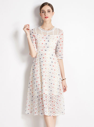 White Printed Lace Short Sleeves Dress