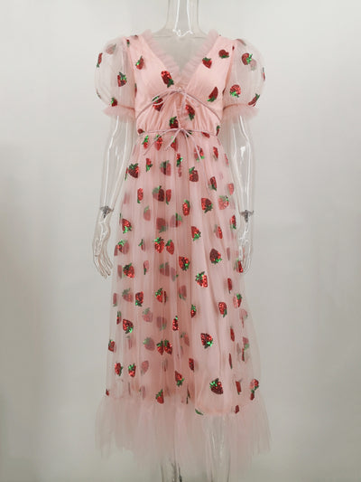 Strawberry Sequined Bubble Sleeves Dress