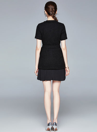 Tweed Waist Short Sleeve Pleated Dress