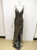 Sling V-neck Black and Gold Plaid Sequined Long Dress