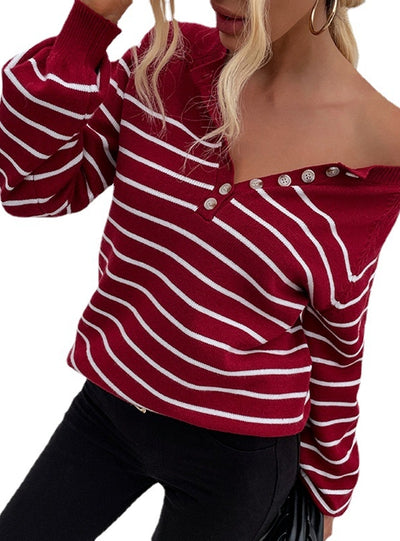 Striped Pullover Button Cardigan Sweater Top