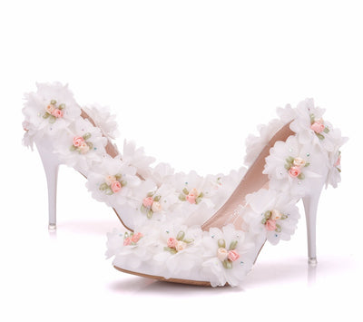 White Flower Shallow Pointed Wedding Shoes
