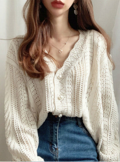 Low V-Neck Knit Tops Long Sleeve Hollow Out Cardigan