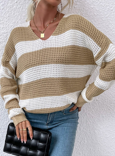 V-neck Striped Stitching Waffle Sweater