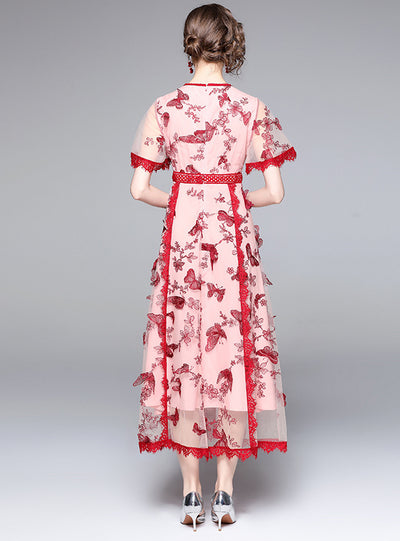 Round Neck Long Sleeve Embroidered Butterfly Gauze Dress