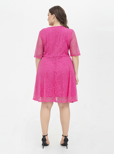 Fuchsia Lace V-neck Short SLeeve Party Dress