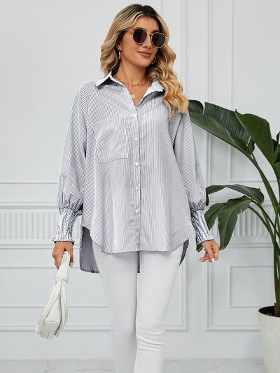 Pleated Loose Striped Shirt Top