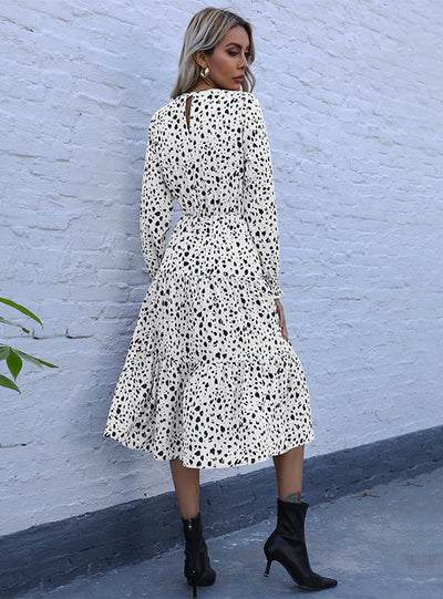 Leopard Print Elastic Waist Round Neck Long Sleeve Dress
