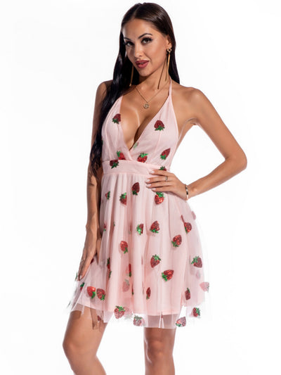 V-neck Suspender Strawberry Sequined Dress