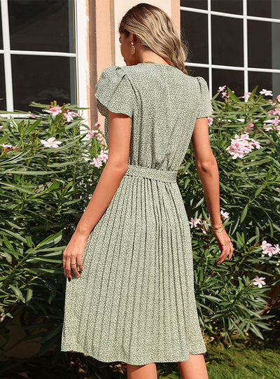 Woman Printed Green Pleated V-neck Dress