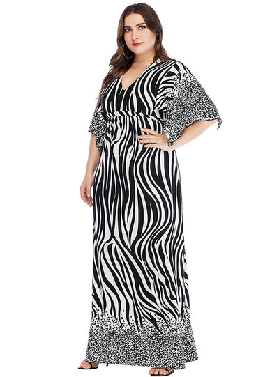 Printed V-neck Bat Sleeve Plus Dress