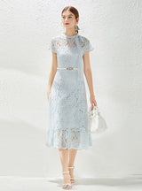 Women Blue Lace Cap Sleeve Dress