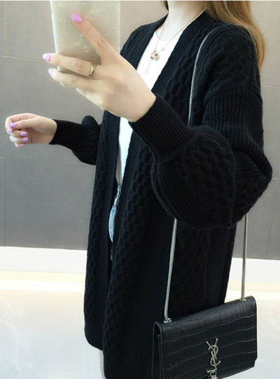 V neck Lantern Sleeve Open Stitch Loose Sweater Jacket