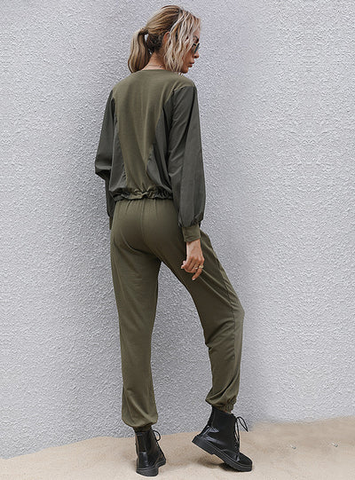 Long Sleeve T-shirt Pants Green Two-piece Suit