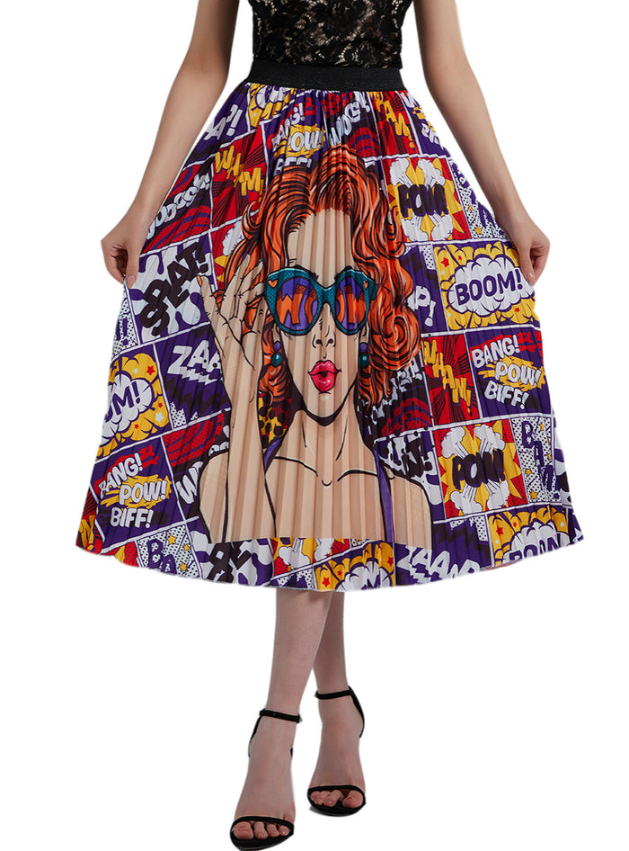 Women Curly Girl Print Pleats Skirts