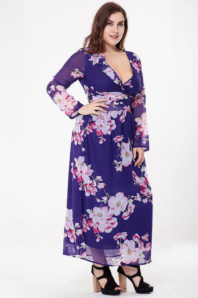 Chiffon Long Sleeve V-neck Printed Dress