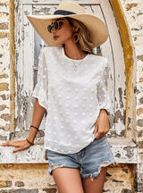 Short Sleeve Chiffon Shirt Round Neck Jacquard Top