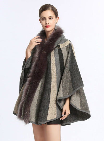 Fox Like Fur Collar Striped Hooded Cape