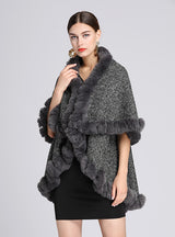 Wool-padded Faux Rex Rabbit Fur Collar Shawl Cape Loose
