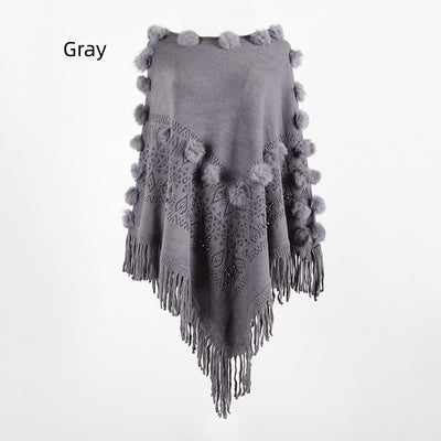Fringe Fur Ball Beaded Round Neck Sweater Cloak