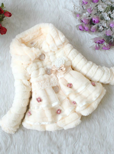 Baby Faux Fox Fur Collar Winter Flower Lace Outerwear 