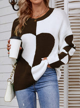 Round Neck Color Matching Love Pullover Sweater