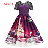 Christmas Short Sleeve Printed Lace Stitching Dress