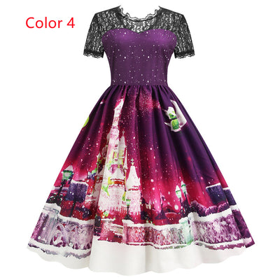 Christmas Short Sleeve Printed Lace Stitching Dress