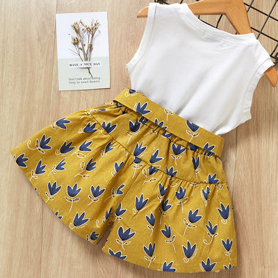 Girls Bow Cotton T-shirt+Printed Shorts Two-piece Set