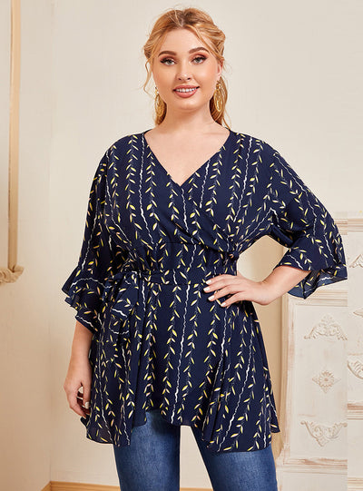 V-neck Trumpet Sleeve Printed Slim Top