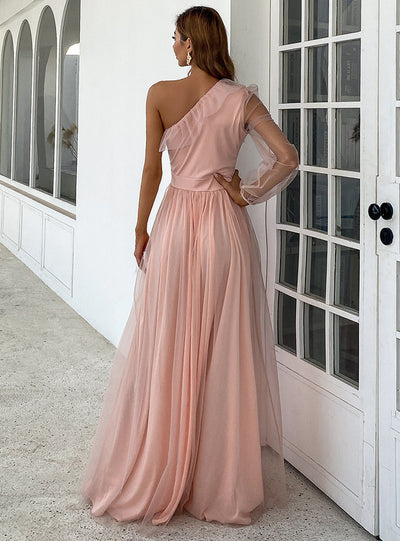 Pink Tulle One Shoulder Long Sleeve Party Dress