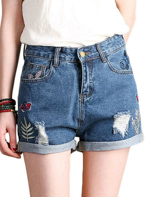 Loose Ripped Denim Shorts Embroidery Hot Pants