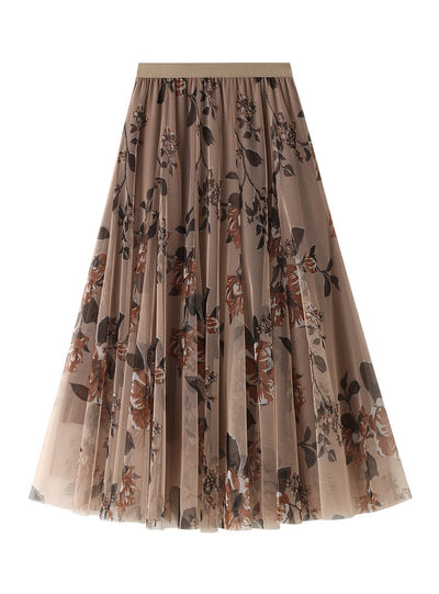 Floral Pleated Long Gauze Skirt