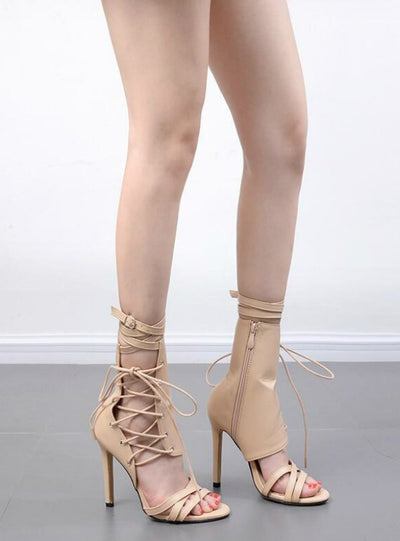 Lace Up Peep Toe Sandals High Heels Ankle Boots