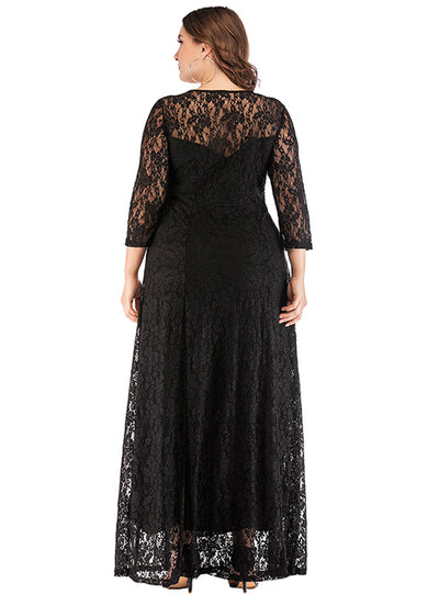 Large Size Lace 3/4 Sleeves Hollow Out Long Dress